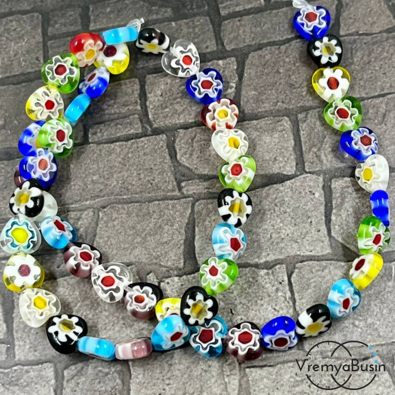 Бусины из стекла миллефиори, сердце плоское 8 мм (нить, ок. 48  шт.)