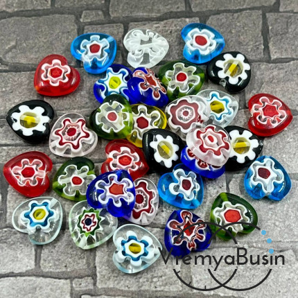 Бусины из стекла миллефиори, сердце плоское 12 мм (1  шт.)