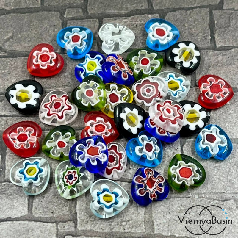 Бусины из стекла миллефиори, сердце плоское 12 мм (1  шт.)