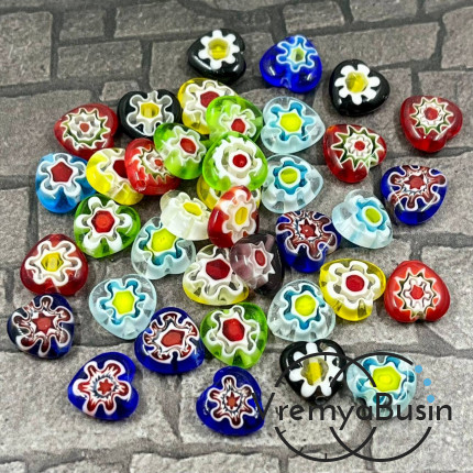 Бусины из стекла миллефиори, сердце плоское 10 мм (1  шт.)