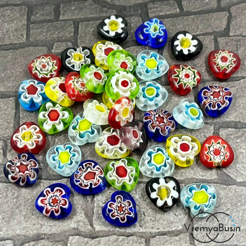 Бусины из стекла миллефиори, сердце плоское 10 мм (1  шт.)
