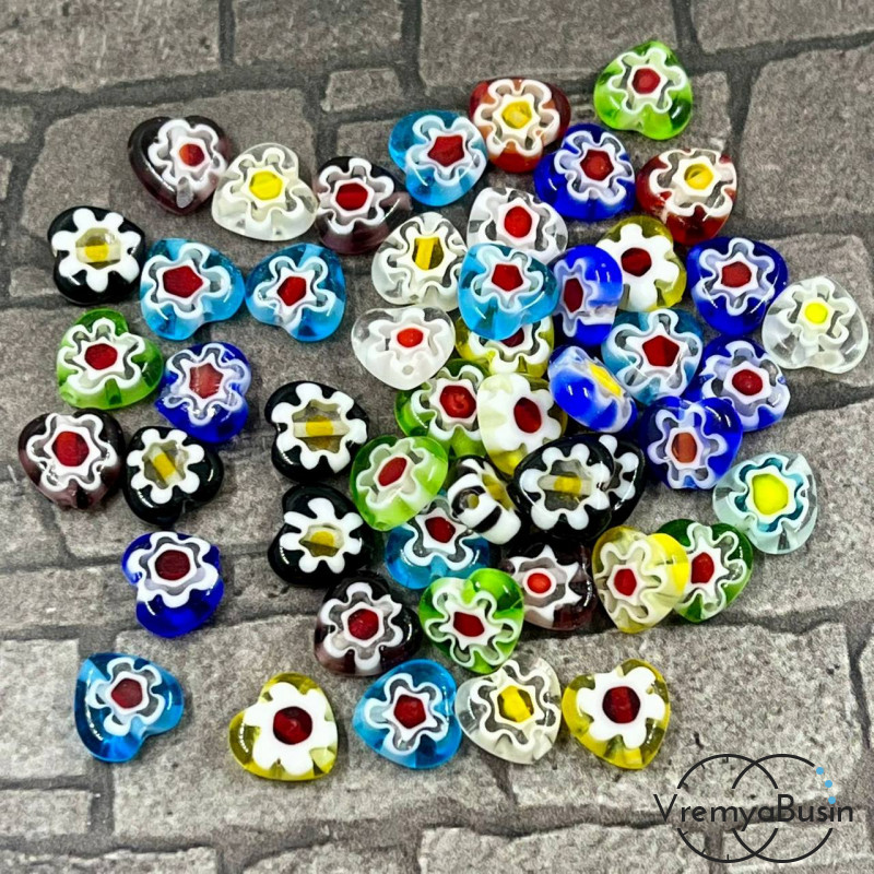 Бусины из стекла миллефиори, сердце плоское 8 мм (1  шт.)