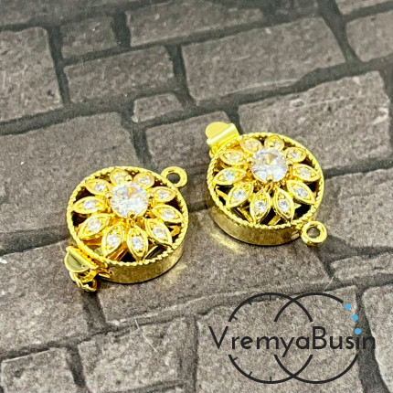 Замок на 1 нить, 14х20 мм, латунь с позолотой и фианитами  (1 шт.)