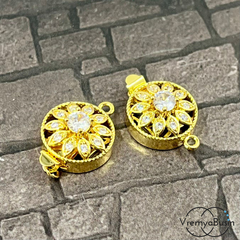 Замок на 1 нить, 14х20 мм, латунь с позолотой и фианитами  (1 шт.)