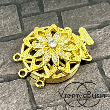Замок на 3 нити, 22х28 мм, латунь с позолотой и фианитами (1 шт.)