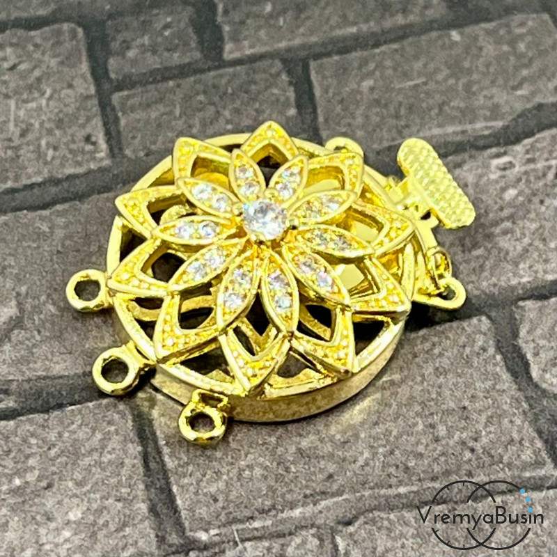 Замок на 3 нити, 22х28 мм, латунь с позолотой и фианитами (1 шт.)