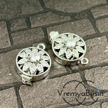 Замок на 1 нить, 14х20 мм, латунь с родиеым покрытием и фианитами  (1 шт.)