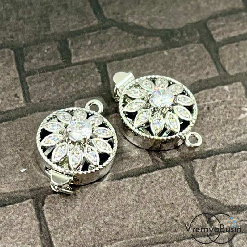 Замок на 1 нить, 14х20 мм, латунь с родиеым покрытием и фианитами  (1 шт.)