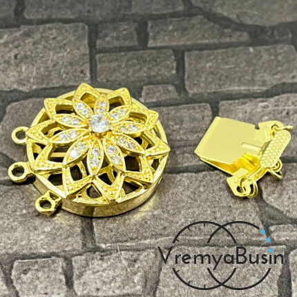 Замок на 3 нити, 22х28 мм, латунь с позолотой и фианитами (1 шт.)