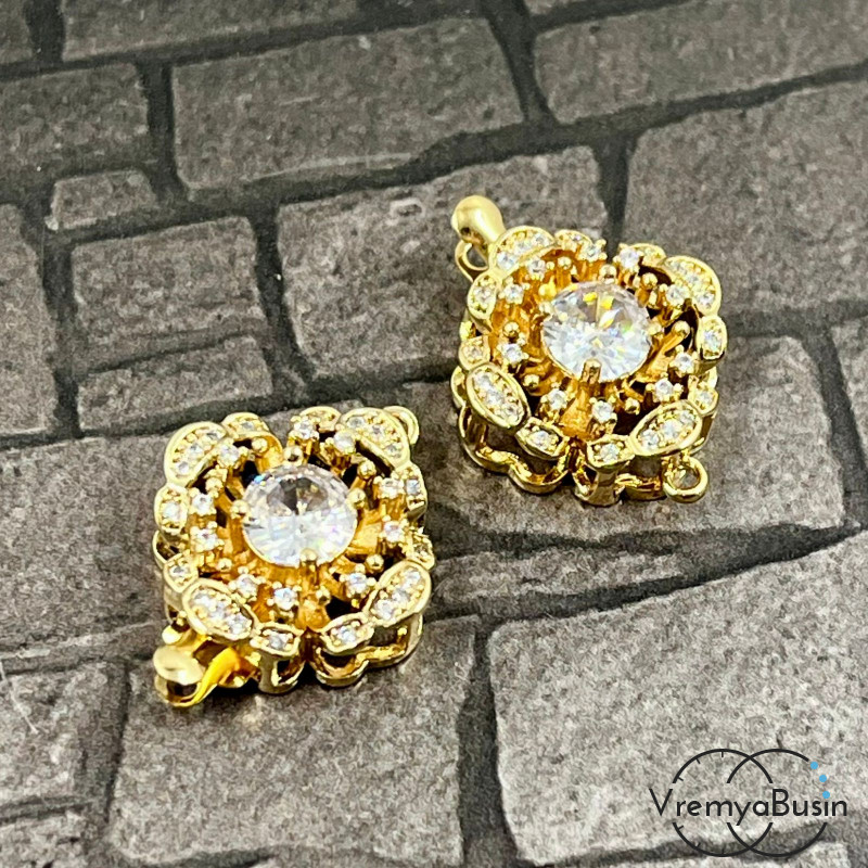 Замок на 1 нить, 16х22 мм, латунь с позолотой и фианитами  (1 шт.)