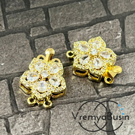 Замок на 2 нити, 15х20 мм, латунь с позолотой и фианитами  (1 шт.)