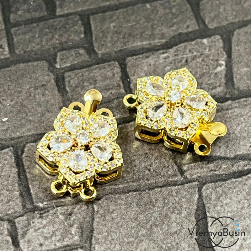 Замок на 2 нити, 15х20 мм, латунь с позолотой и фианитами  (1 шт.)