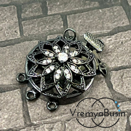 Замок на 3 нити, 22х28 мм, латунь с черным родиевым покрытием и фианитами  (1 шт.)