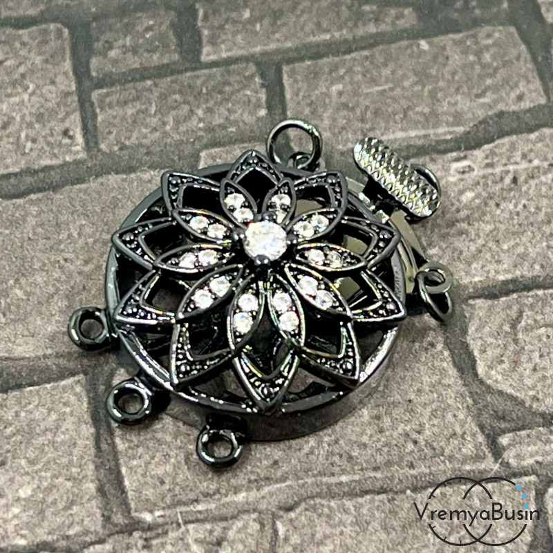 Замок на 3 нити, 22х28 мм, латунь с черным родиевым покрытием и фианитами  (1 шт.)