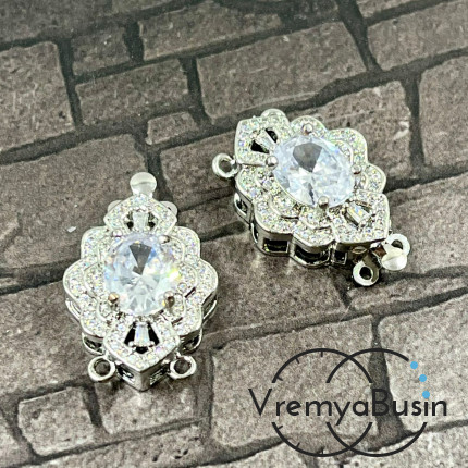 Замок на 2 нити, 17х26 мм, латунь с родиевым покрытием и фианитами  (1 шт.)