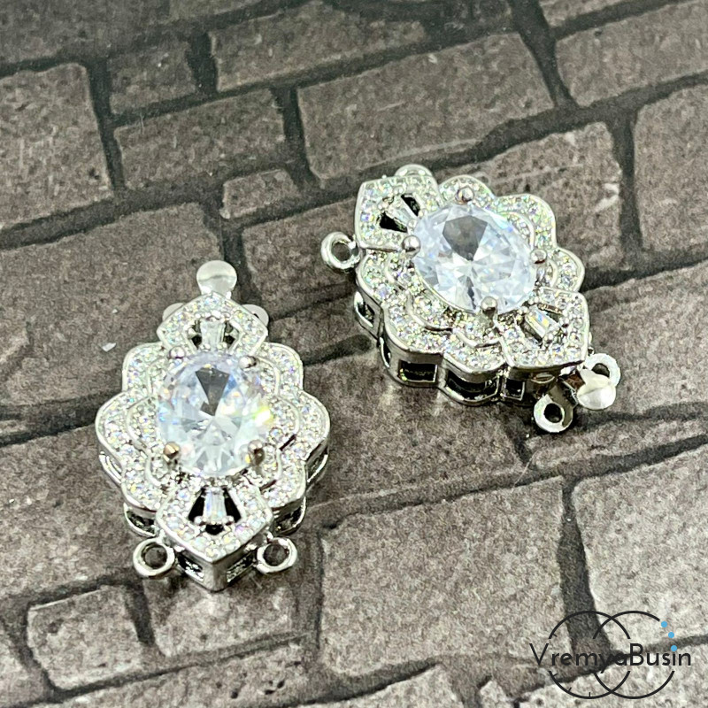 Замок на 2 нити, 17х26 мм, латунь с родиевым покрытием и фианитами  (1 шт.)