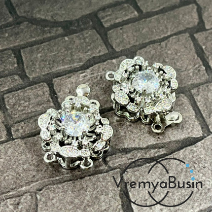 Замок на 2 нити, 16х22 мм, латунь с родиевым покрытием и фианитами  (1 шт.)