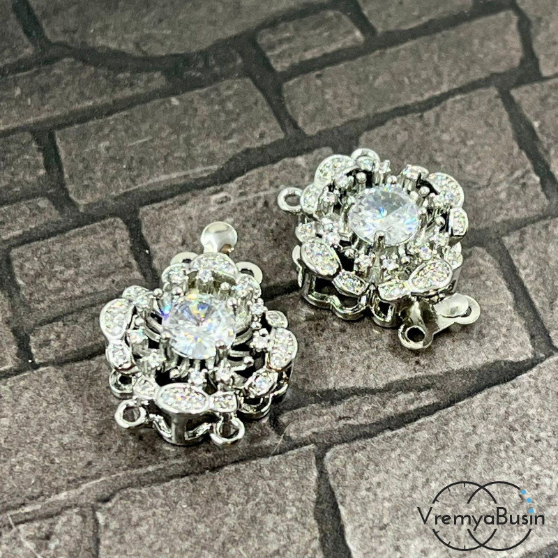 Замок на 2 нити, 16х22 мм, латунь с родиевым покрытием и фианитами  (1 шт.)