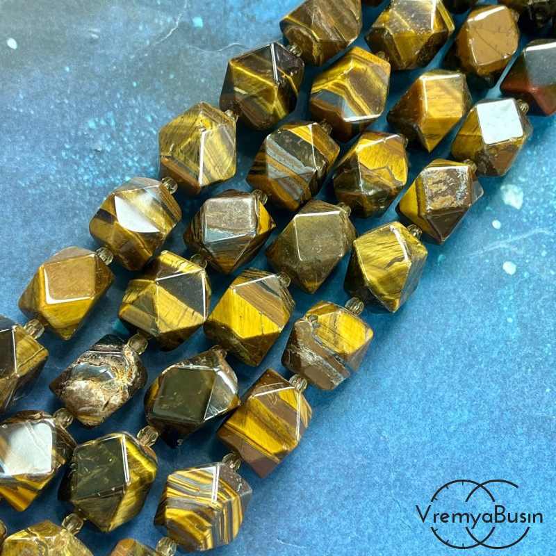 Тигровый глаз, прямоугольные бочонки с гранями, ок. 14х18 мм (нить, ок. 17 шт.)