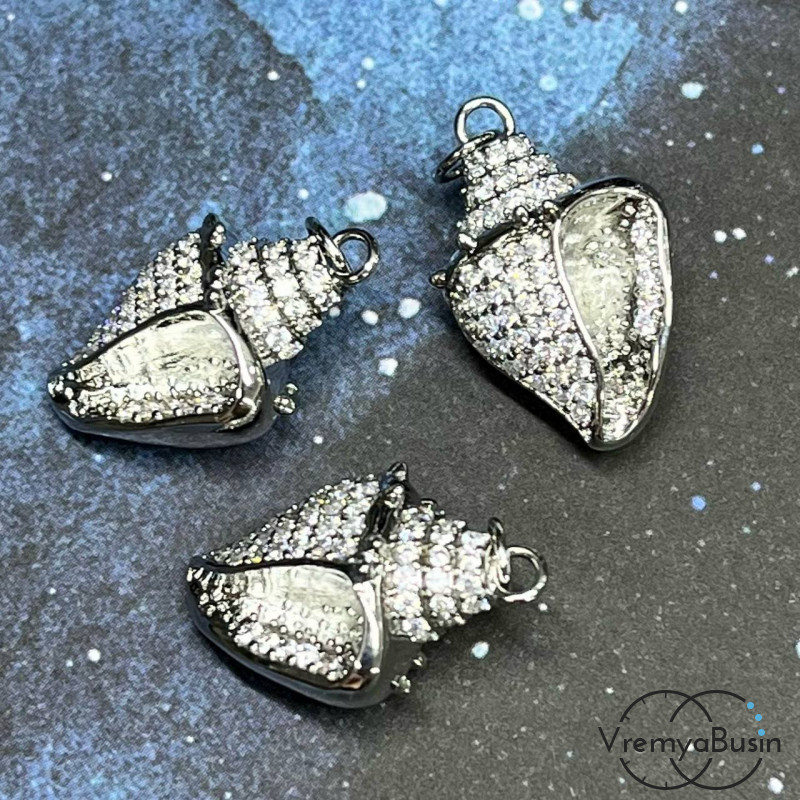 Подвеска из латуни "Ракушка",  14х22 мм, с родиевым покрытием и фианитами (1 шт.)