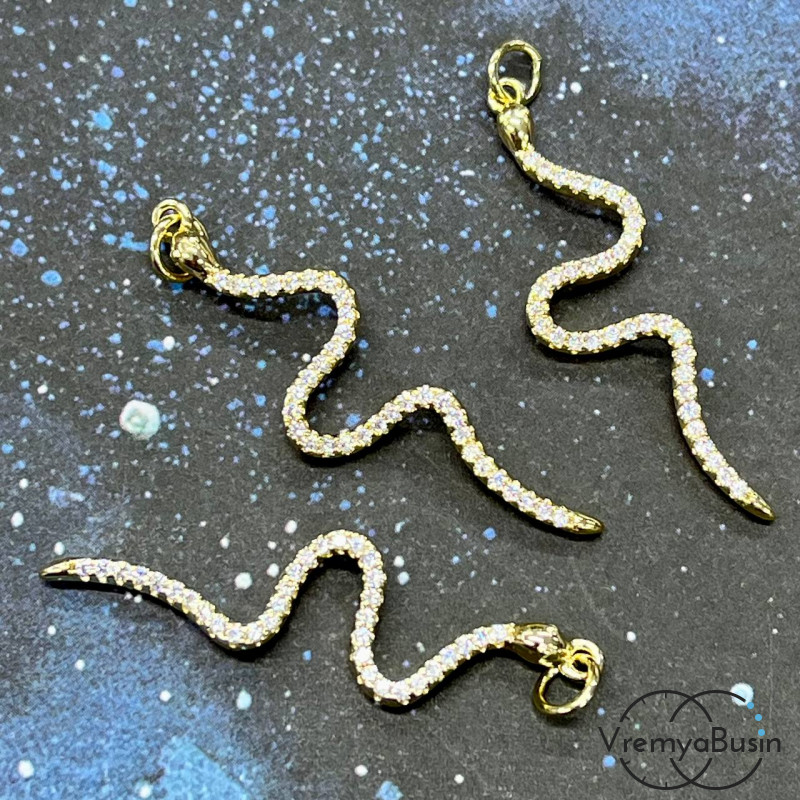 Подвеска "Змея", 12х40 мм, из латуни с позолотой и фианитами  (1 шт.)