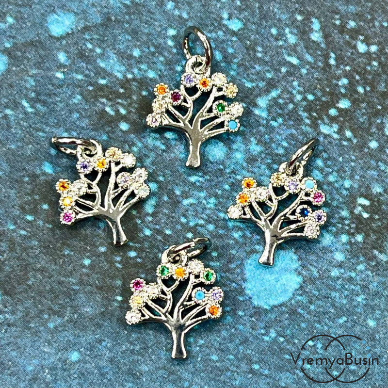 Подвеска с цветными фианитами "Дерево", 12х10 мм, латунь с родиевым покрытием (1 шт.)