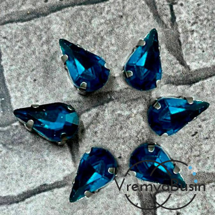 Стразы из стекла в цапах под серебро. Капля 6х10 мм DARK AQUAMARINE (1 шт.)