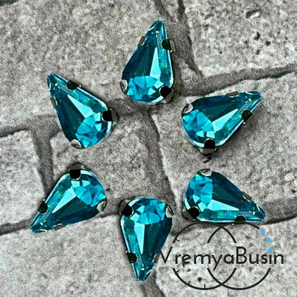 Стразы из стекла в цапах под серебро. Капля 6х10 мм AQUAMARINE (1 шт.)