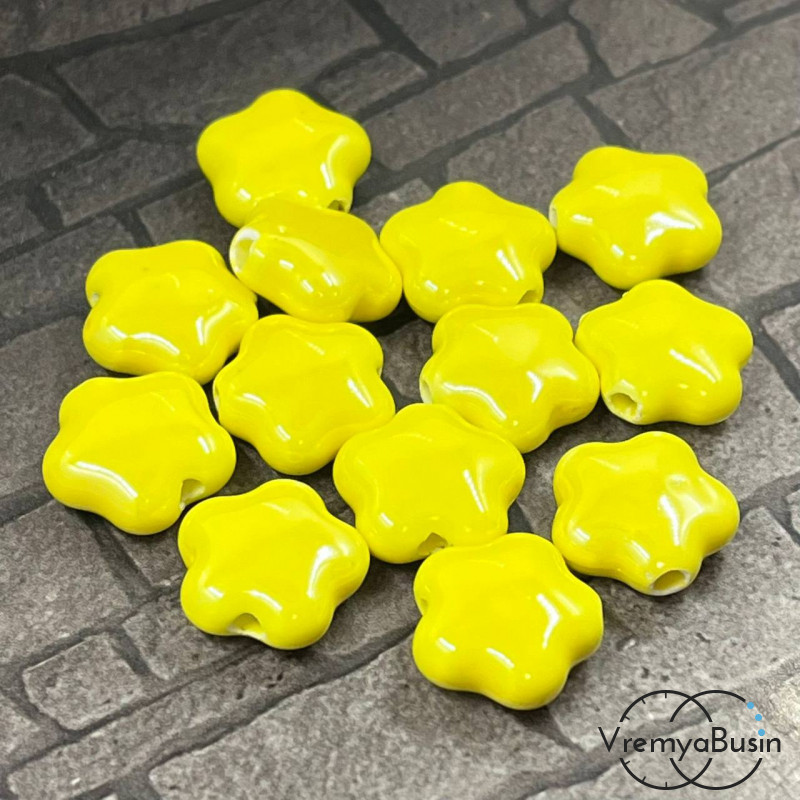 Бусины керамические "Цветочек", 14х6  мм, цв. желтый (1   шт.)