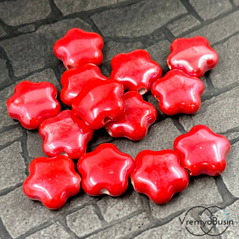 Бусины керамические "Цветочек", 14х6  мм, цв. красный (1   шт.)