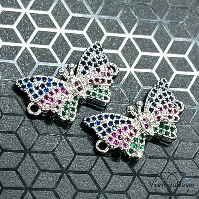 Коннектор с фианитами "Бабочка", 22х12 мм, латунь с родиевым покрытием (1 шт.)