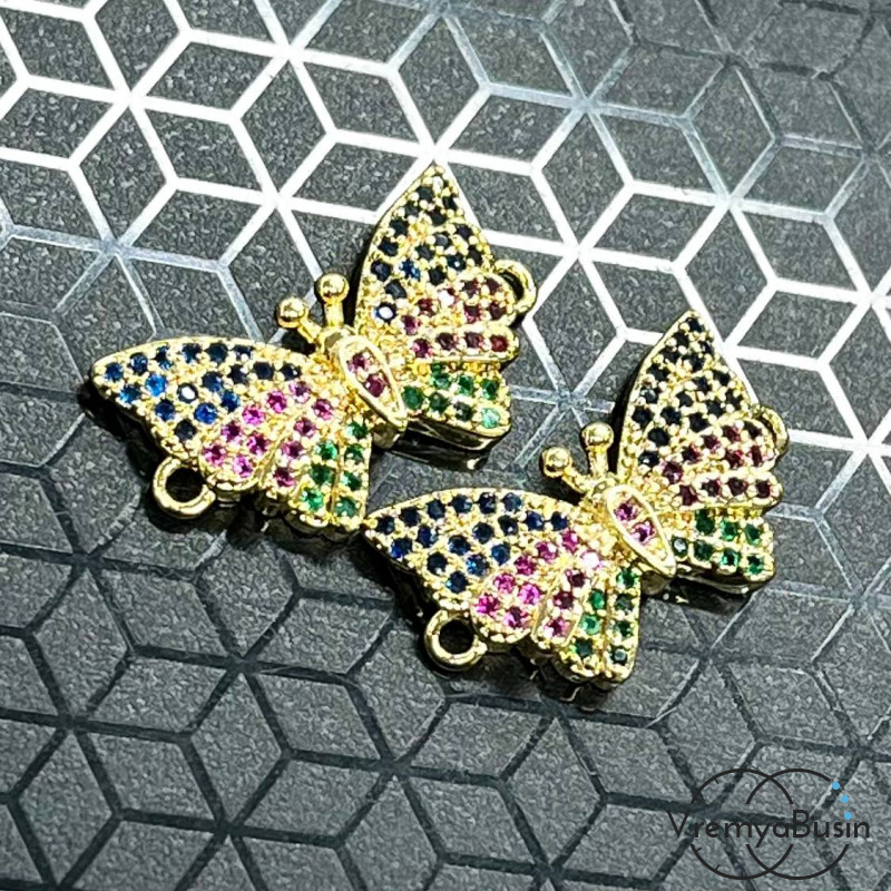 Коннектор с фианитами "Бабочка", 22х12 мм, латунь с позолотой (1 шт.)