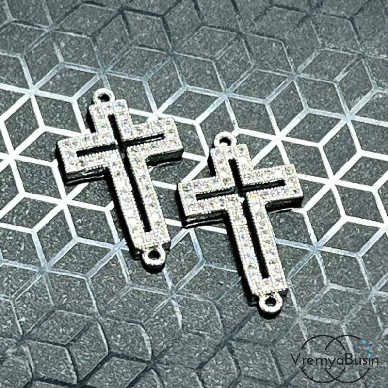 Коннектор с фианитами "Крест", 22х13 мм, латунь с родиевым покрытием (1 шт.)