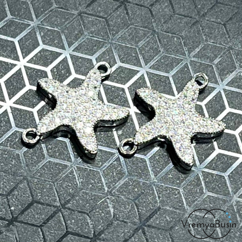 Коннектор с фианитами "Звезда", 21х16 мм, латунь с родиевым покрытием (1 шт.)