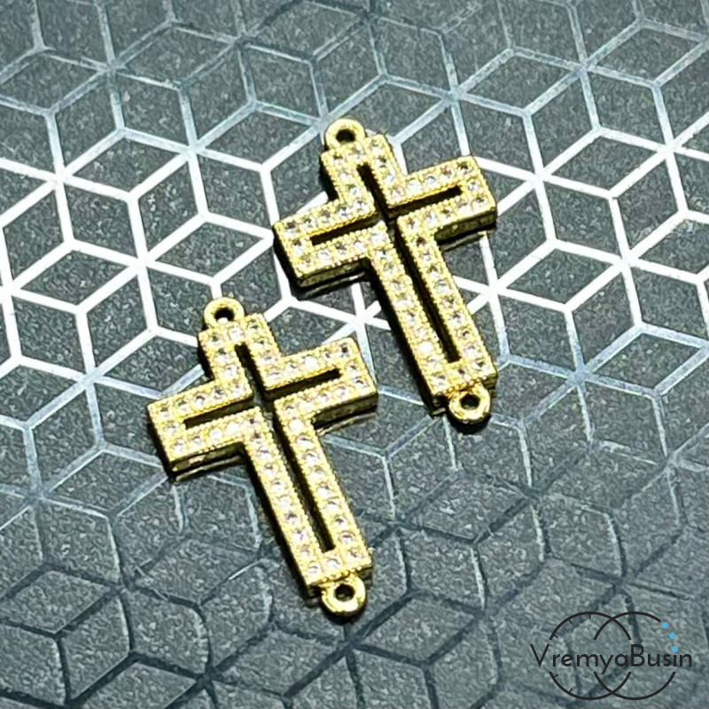 Коннектор с фианитами "Крест", 22х13 мм, латунь с позолотой (1 шт.)