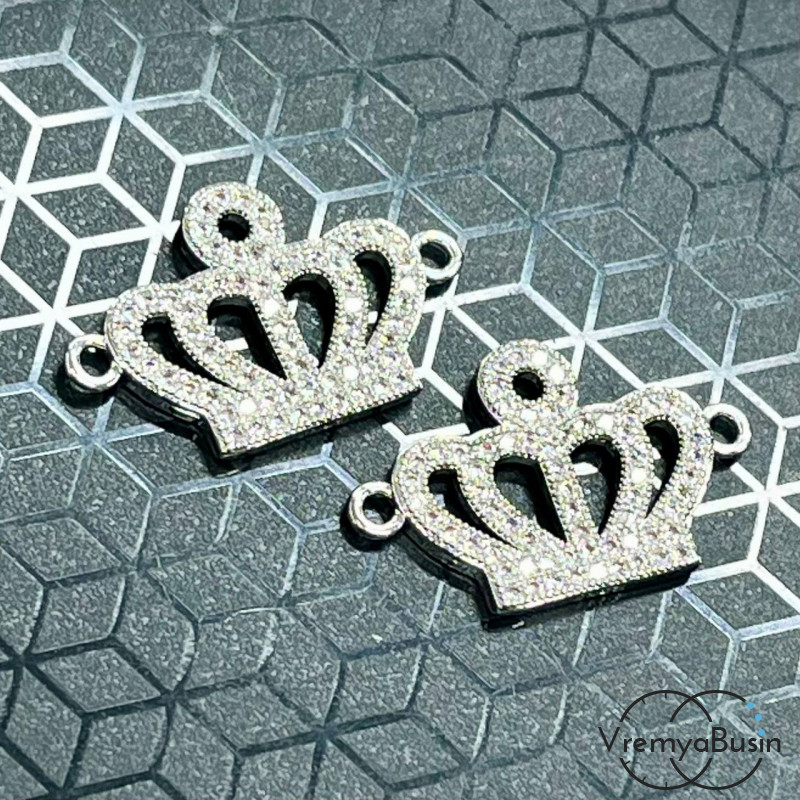 Коннектор с фианитами "Корона", 24х15 мм, латунь с родиевым покрытием (1 шт.)