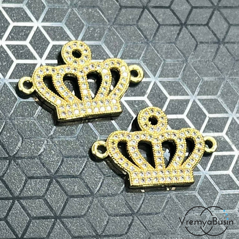Коннектор с фианитами "Корона", 24х15 мм, латунь с позолотой (1 шт.)