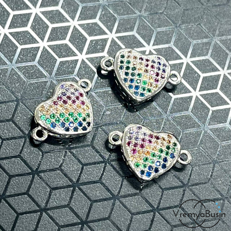 Коннектор с фианитами "Сердце", 17х11 мм, латунь с родиевым покрытием (1 шт.)