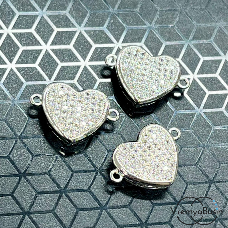 Коннектор с фианитами "Сердце", 17х11 мм, латунь с родиевым покрытием (1 шт.)