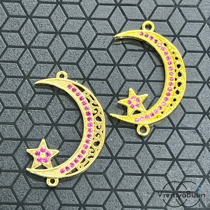 Коннектор с фианитами "Месяц со звездой", 28х18 мм, латунь с позолотой (1 шт.)