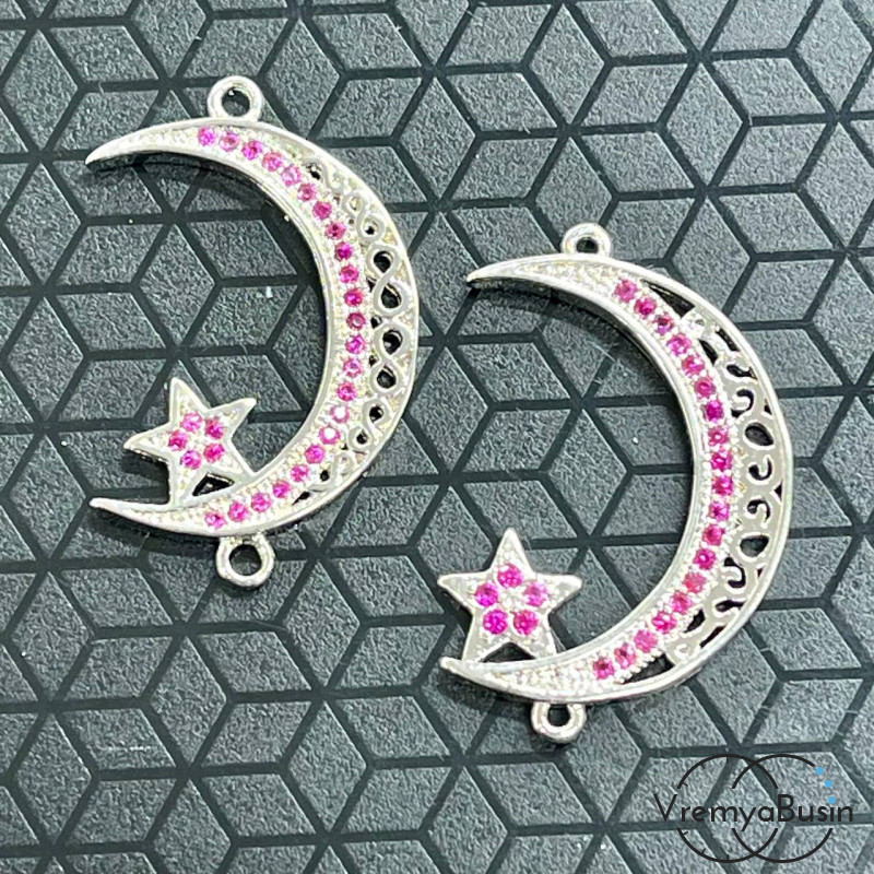 Коннектор с фианитами "Месяц со звездой", 28х18 мм, латунь с родиевым покрытием (1 шт.)