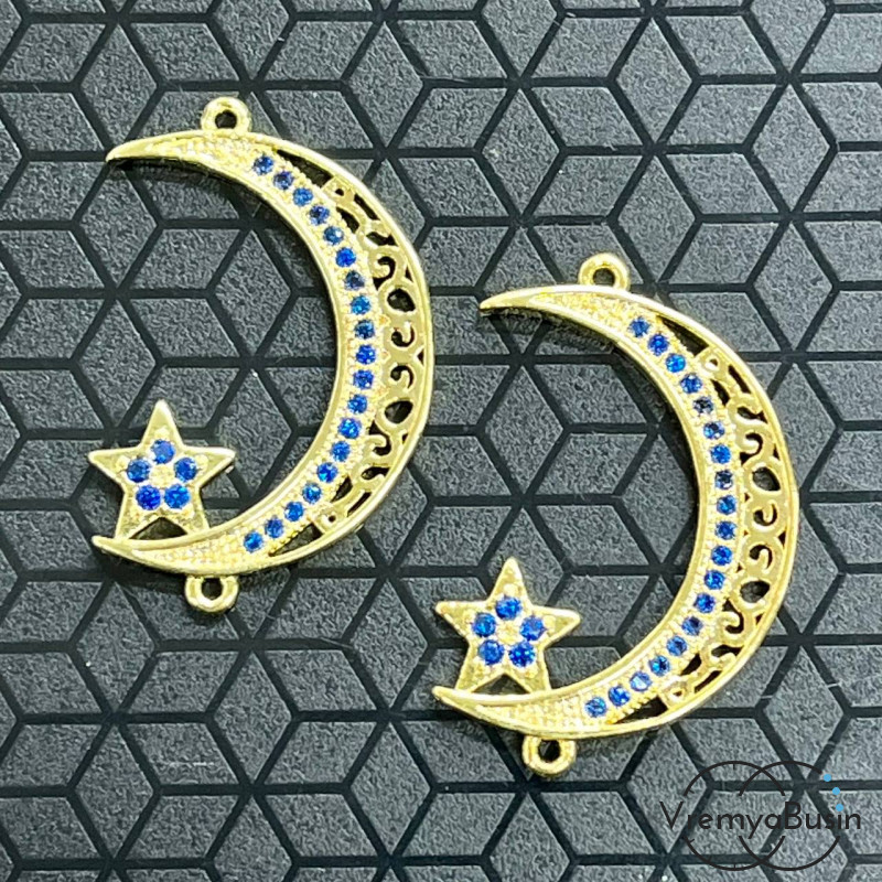 Коннектор с фианитами "Месяц со звездой", 28х18 мм, латунь с позолотой (1 шт.)