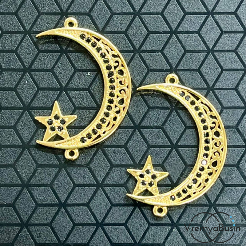 Коннектор с фианитами "Месяц со звездой", 28х18 мм, латунь с позолотой (1 шт.)
