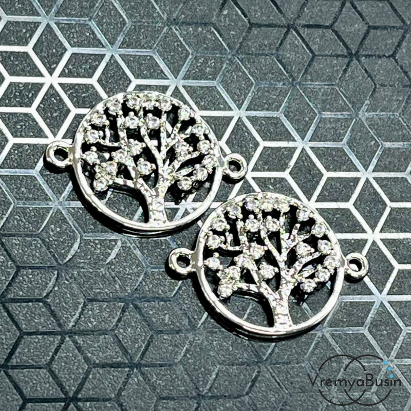 Коннектор с фианитами "Дерево", 22х17 мм, латунь с родиевым покрытием (1 шт.)
