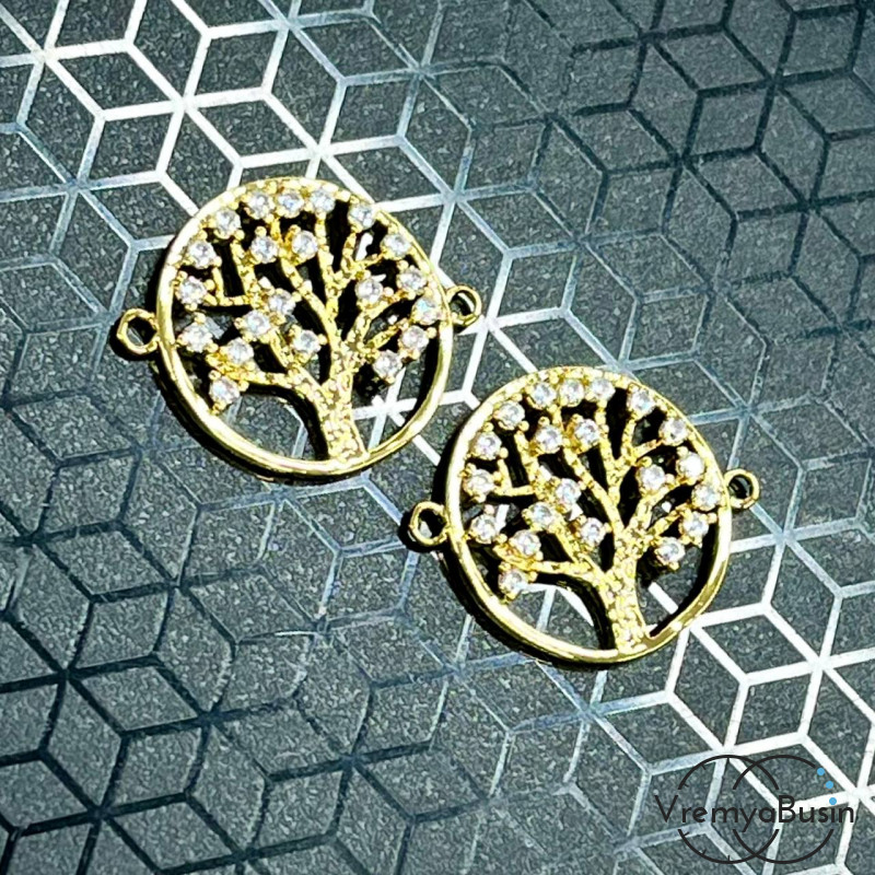 Коннектор с фианитами"Дерево", 22х17 мм, латунь с позолотой (1 шт.)