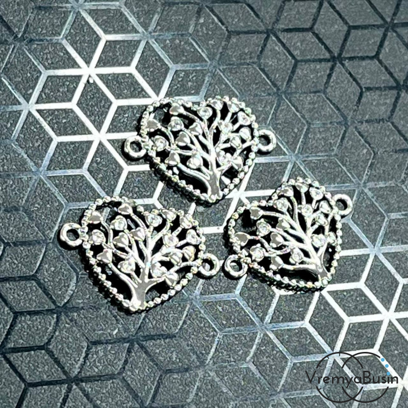 Коннектор с фианитами "Сердце с деревом", 18х13 мм, латунь с родиевым покрытием (1 шт.)