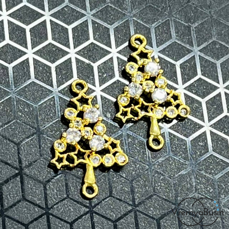 Коннектор с фианитами "Елка", 22х14 мм, латунь с позолотой (1 шт.)