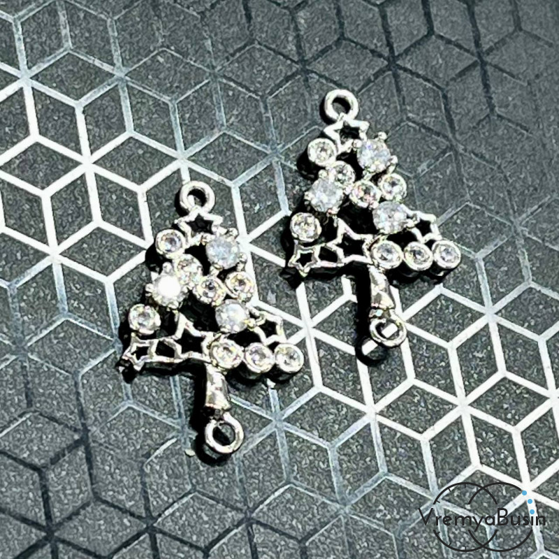 Коннектор с фианитами "Елка", 22х14 мм, латунь с родиевым покрытием (1 шт.)