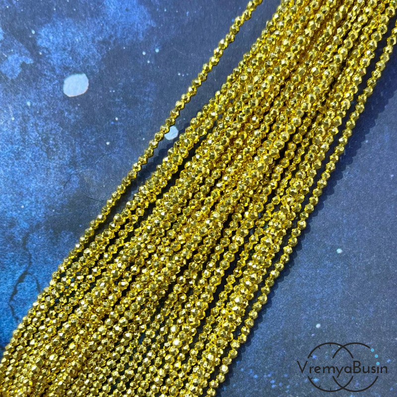 Бусины шарики из граненого стекла, имит. пирита, 2 мм (нить, ок. 40 см.)