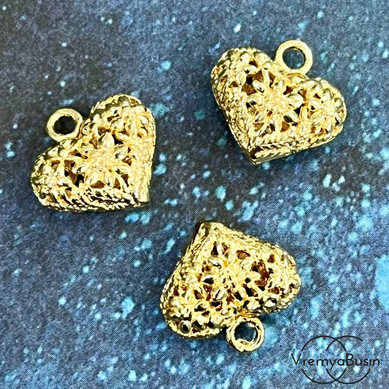 Подвеска "Сердце", 13х14 мм, латунь с позолотой (1 шт.)